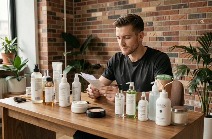 Homme étudiant des produits de soin et de beauté sur une coiffeuse en bois dans un appartement urbain chaleureux avec des plantes d'intérieur