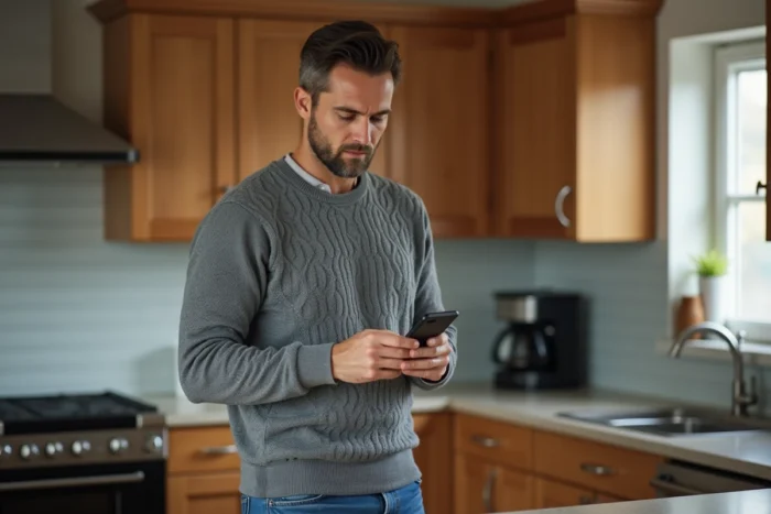 Homme consultant une réponse email de CDC Habitat sur son smartphone dans une cuisine