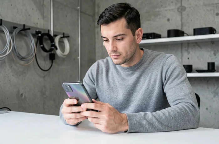 Homme testant un smartphone pliable dernière génération dans un studio tech minimaliste