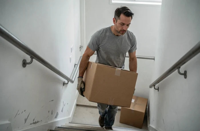 Homme transportant un carton scellé dans l'escalier d'un appartement lors d'un déménagement