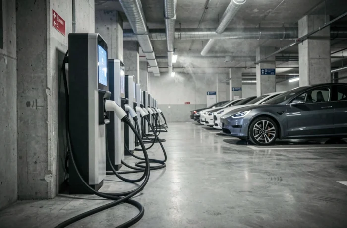 Hub de recharge rapide pour véhicules électriques dans un parking souterrain urbain moderne avec plusieurs bornes de charge