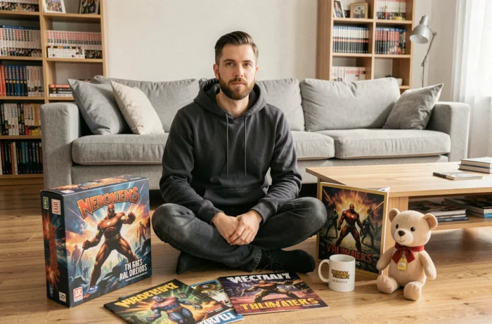 Homme entouré de cadeaux geek déballés dans un appartement moderne, idées cadeaux pop culture