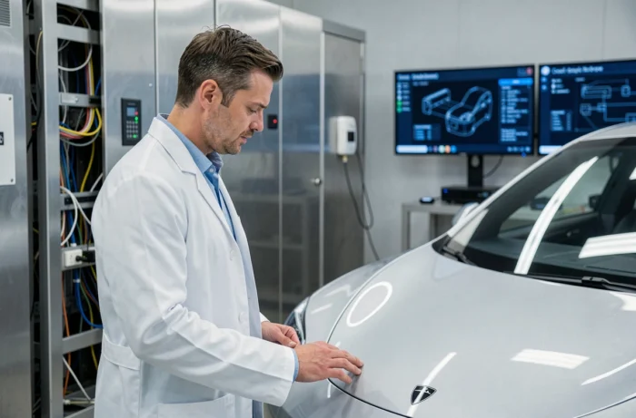 Ingénieur automobile examinant un prototype de véhicule électrique dans un laboratoire de recherche et développement futuriste