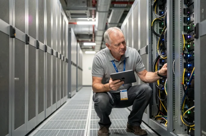 Ingénieur en sécurité réseau inspectant des serveurs dans un datacenter d'entreprise avec une tablette