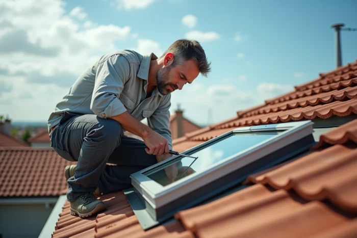 Un homme inspecte le joint d'étanchéité d'un Velux Brico Dépôt sur un toit en tuiles