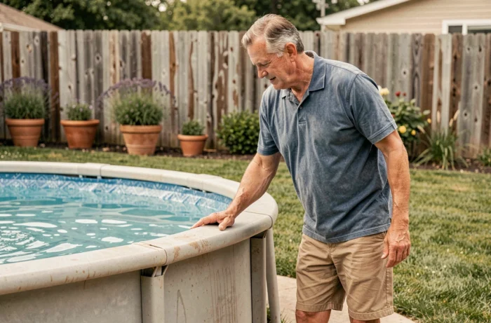 Homme inspectant la paroi d'une piscine hors sol en PVC dans un jardin suburban pour évaluer son usure