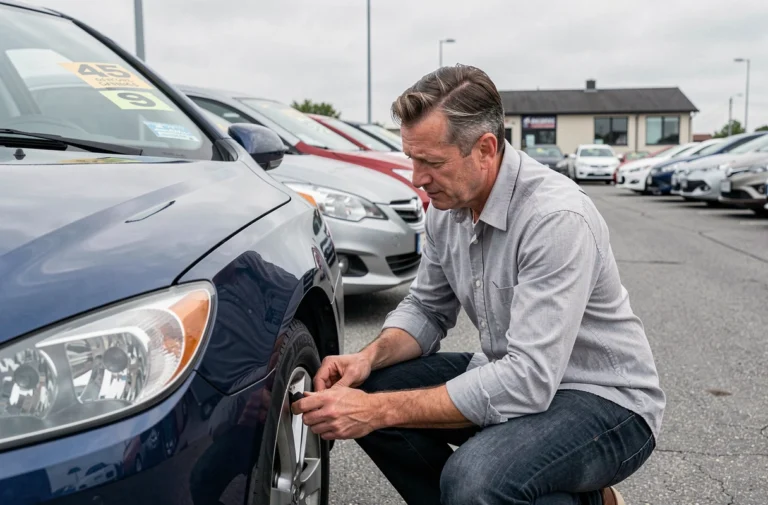 Homme inspectant une voiture d'occasion dans un parking de concessionnaire avec plusieurs véhicules en arrière-plan