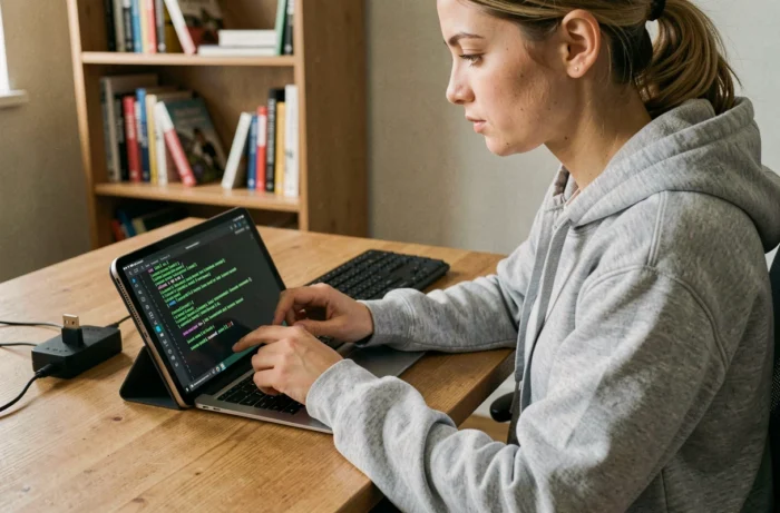 Femme installant Linux sur une tablette tactile dans un bureau à domicile