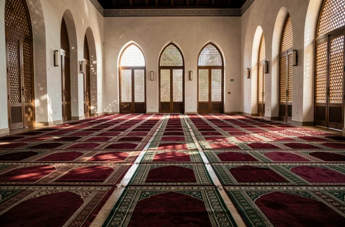 Intérieur d'une salle de prière de mosquée dans la région de Montpellier avec tapis alignés