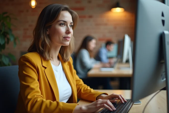 Jeune professionnelle rédigeant un email à CDC Habitat depuis un espace de coworking