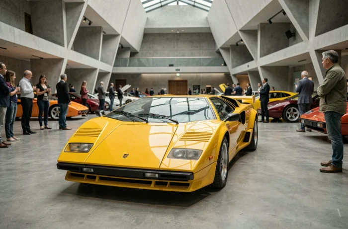 Lamborghini Countach jaune exposée dans un musée automobile de prestige parmi des voitures de collection de célébrités