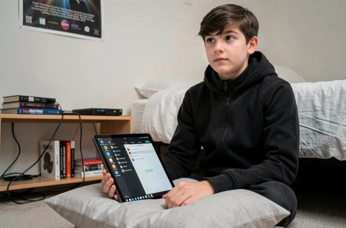 Adolescent utilisant Linux GNOME sur une tablette tactile dans une chambre