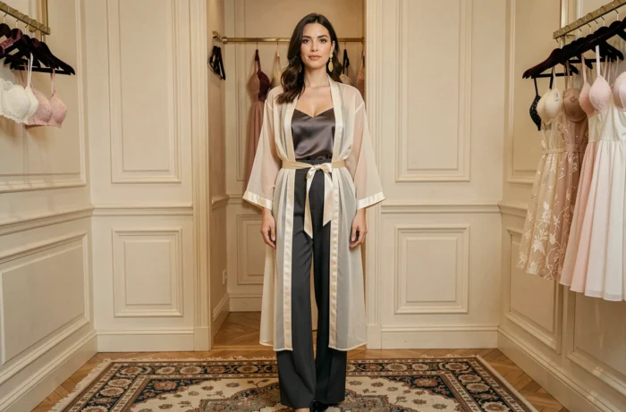 Femme en caraco en soie et kimono organza ivoire ceinturé dans une boutique de lingerie parisienne élégante avec boiseries crème et tapis en velours