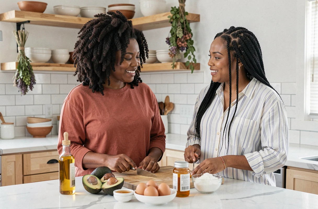 Deux femmes noires préparant un masque capillaire naturel à base d'ingrédients naturels pour accélérer la pousse des cheveux crépus