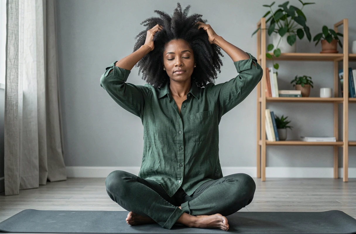 Femme noire massant son cuir chevelu pour stimuler naturellement la pousse des cheveux crépus