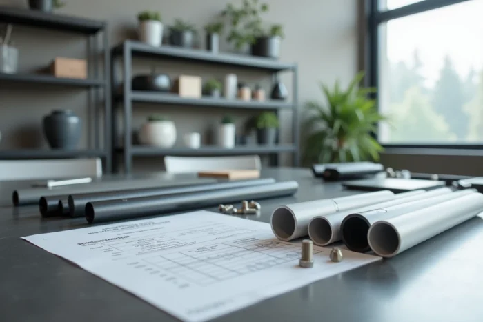 Matériaux et composants utilisés dans la fabrication des meubles de jardin Hespéride présentés sur un établi
