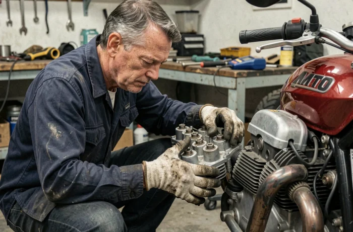 Mécanicien inspectant le moteur d'une Moto Guzzi V85 TT dans un atelier pour diagnostiquer une surchauffe