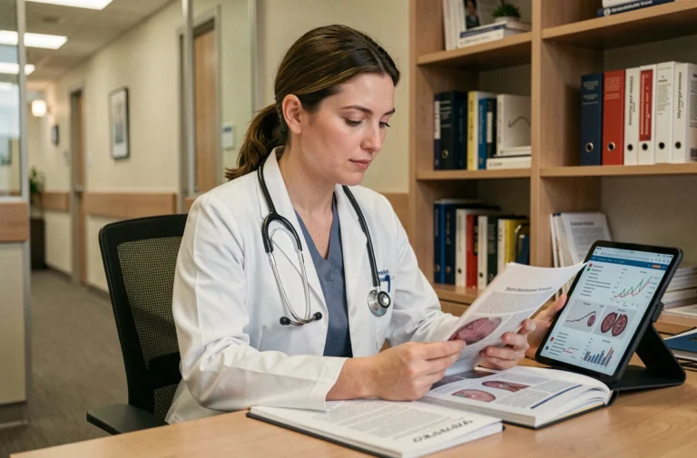 Médecin femme consultant des revues médicales et actualités santé sur tablette dans un bureau hospitalier moderne