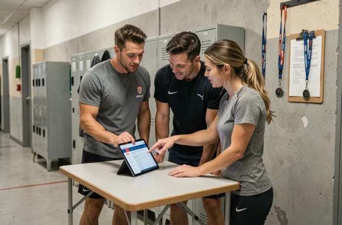 Deux membres d'un club de basket consultant ensemble l'extranet FBI FFBB sur une tablette dans un couloir de gymnase