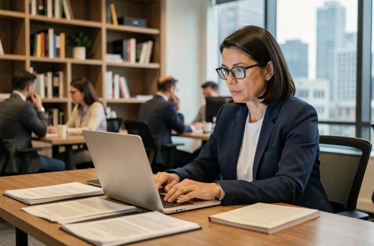 Femme professionnelle en blazer marine consultant des documents légaux sur un ordinateur portable dans un bureau moderne