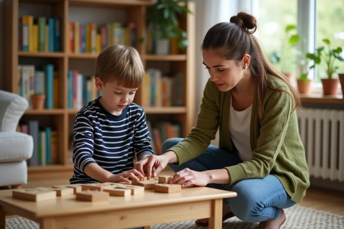 Mère et enfant construisant ensemble des blocs en bois dans un salon cosy, favorisant l'épanouissement et l'apprentissage par le jeu