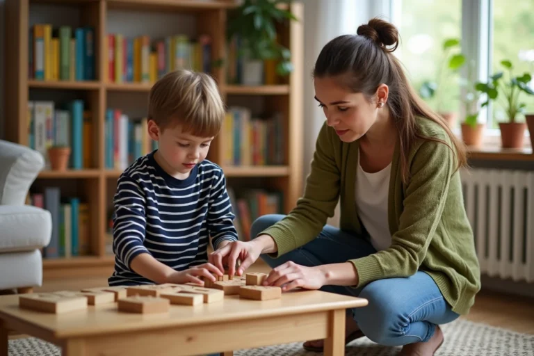 Mère et enfant construisant ensemble des blocs en bois dans un salon cosy, favorisant l'épanouissement et l'apprentissage par le jeu