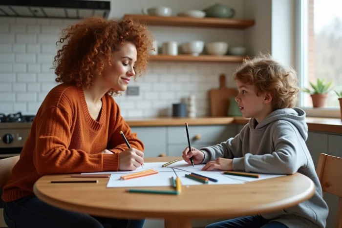 Mère et fils dessinant ensemble à la table de cuisine avec des crayons de couleur, activité créative pour l'épanouissement quotidien de l'enfant