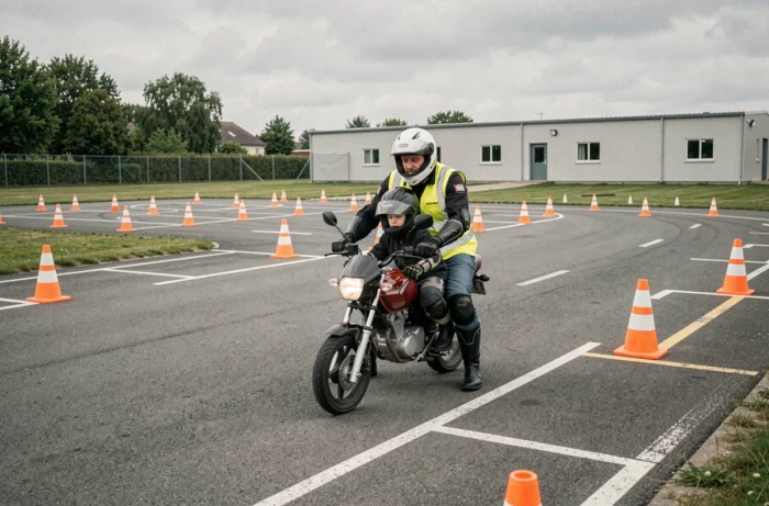 Moniteur encadrant un élève en scooter 125cc lors d'un exercice de slalom sur un circuit de formation moto