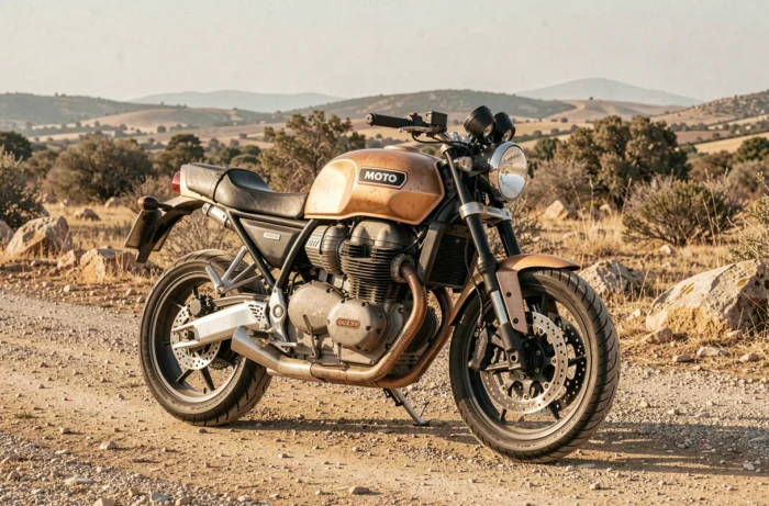 Moto Guzzi V85 TT garée sur une route rurale avec moteur bicylindre visible et ailettes de refroidissement