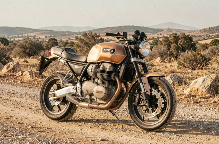 Moto Guzzi V85 TT garée sur une route rurale avec moteur bicylindre visible et ailettes de refroidissement