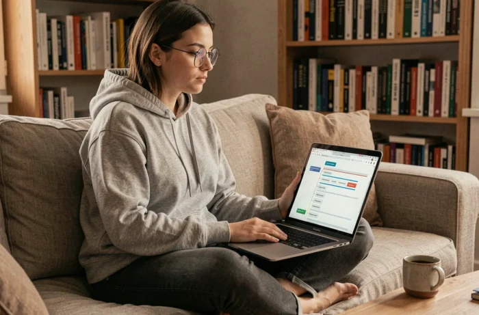 Jeune femme naviguant sur un plan de site structuré depuis son canapé à la maison
