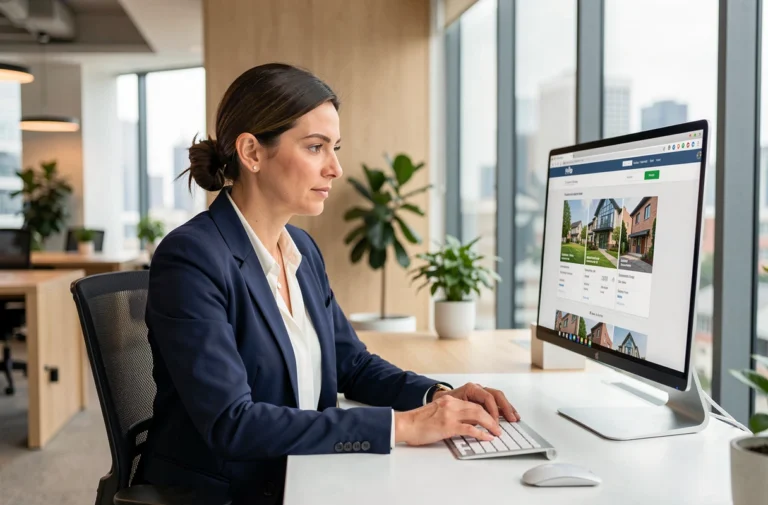 Femme professionnelle naviguant sur un site immobilier depuis un bureau moderne avec grand écran