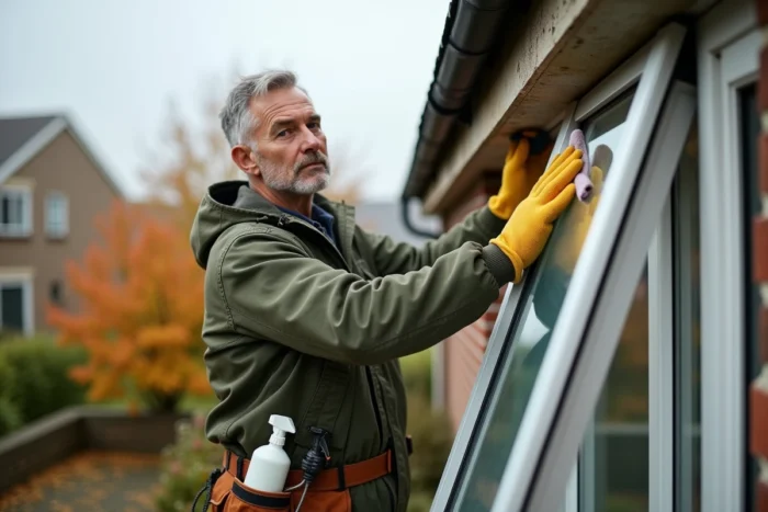Un homme nettoie la vitre d'un Velux Brico Dépôt depuis une échelle en automne