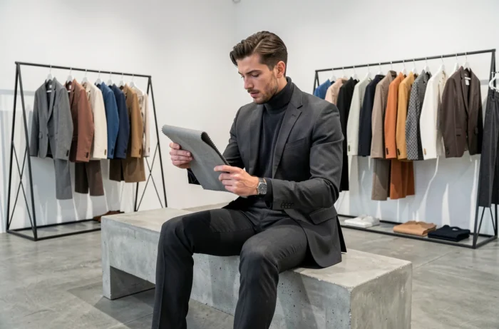 Homme en costume gris anthracite dans un showroom de mode contemporain explorant les nouvelles collections DLG Fashion