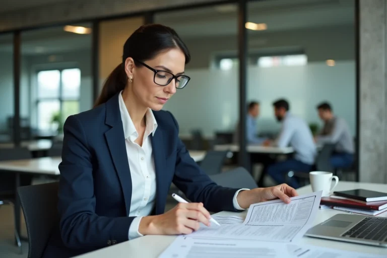 Responsable RH examinant un document sur les obligations légales de formation professionnelle en entreprise
