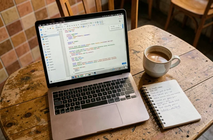 Vue en plongée d'un ordinateur portable affichant un compteur de caractères dans un éditeur de texte posé sur une table de café avec un carnet de notes