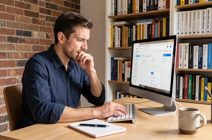 Homme configurant un compte email Versailles dans Gmail depuis son bureau à domicile