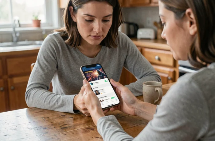 Femme configurant la voix Dark Vador sur l'application Waze depuis les paramètres de son smartphone dans une cuisine