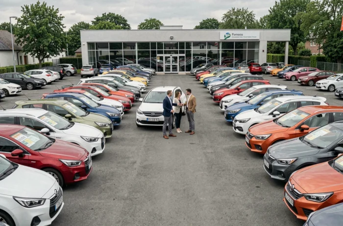 Vue panoramique d'un grand parking de voitures d'occasion avec vendeur et clients dans une concession automobile