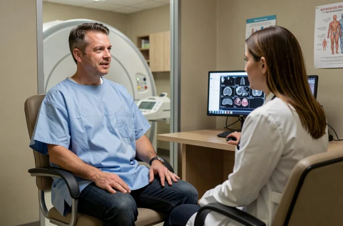 Patient discutant avec une radiologue avant une IRM ouverte, consultation médicale en milieu hospitalier