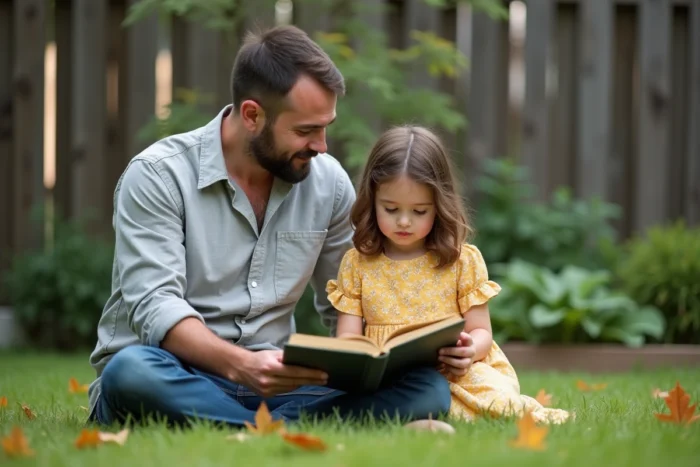 Père et jeune fille lisant ensemble un livre illustré dans un jardin, moment d'accompagnement parental et de développement de l'enfant