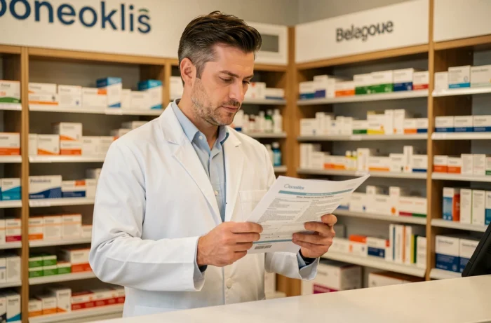 Pharmacien lisant un bulletin d'actualités médicales en officine avec rayonnages de médicaments en arrière-plan