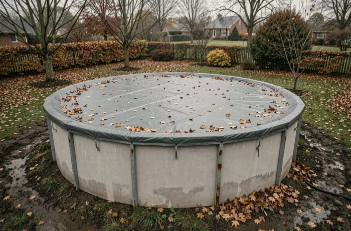 Piscine hors sol couverte d'une bâche hivernale en automne avec des feuilles mortes et cadre métallique rouillé