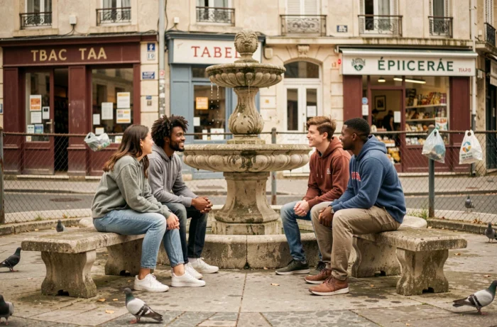 Jeunes adultes assis sur des bancs d'une place publique dans un quartier de Blois avec commerces de proximité en arrière-plan