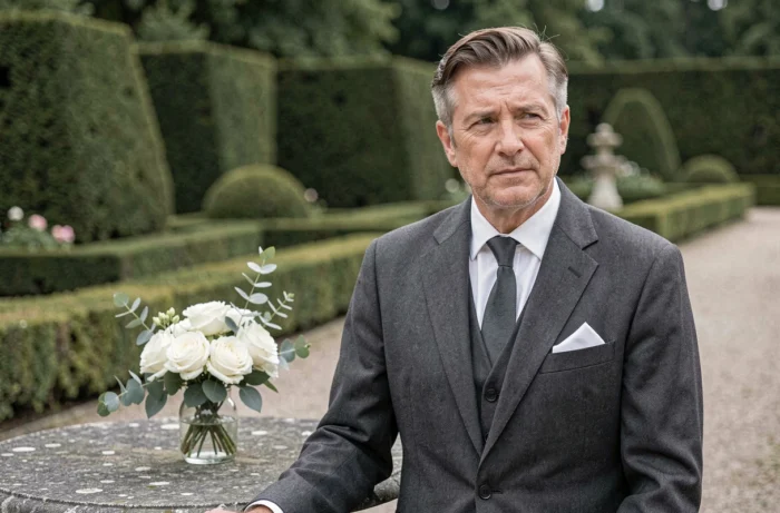 Portrait d'un homme distingué en costume gris dans un jardin à la française lors d'une cérémonie de mariage