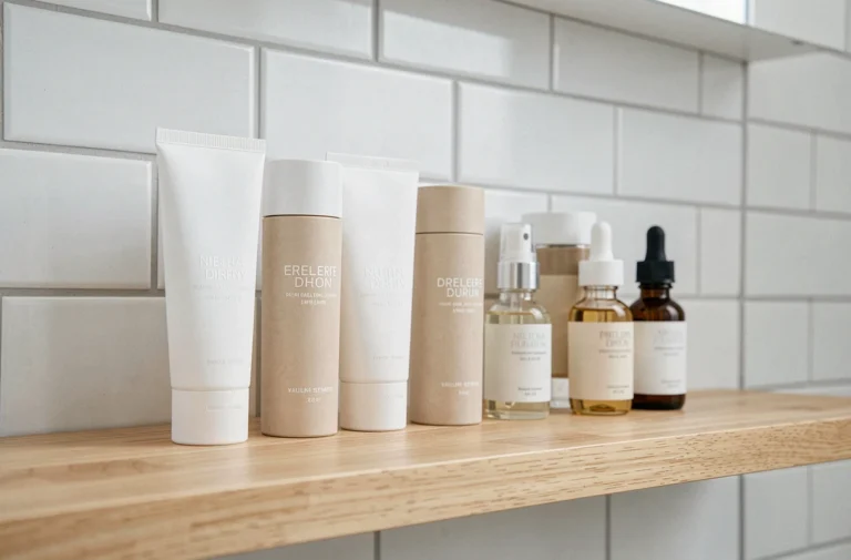 Produits de soin Typology minimalistes alignés sur une étagère de salle de bain en bois clair