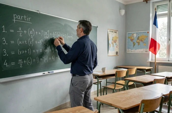 Professeur écrivant la conjugaison du verbe partir au présent sur un tableau noir en salle de classe
