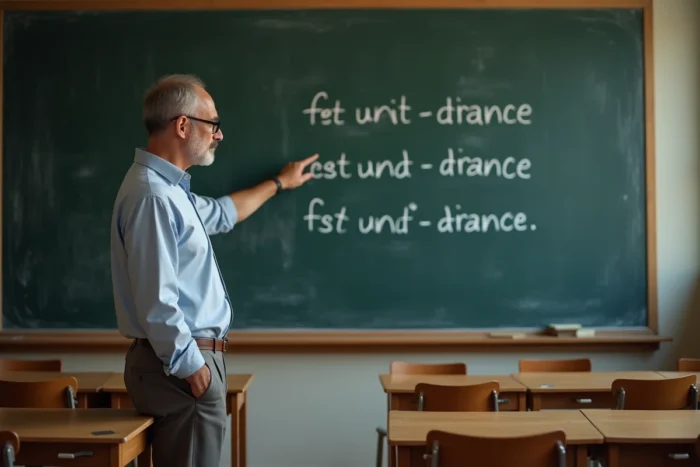 Enseignant pointant des conjugaisons françaises écrites à la craie sur un tableau noir dans une salle de classe, illustrant l'explication des règles grammaticales comme je serai et je serais