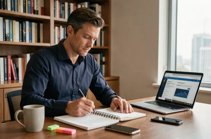 Professionnel en formation continue étudiant des supports de développement du leadership dans un bureau privé