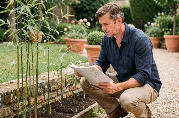 Propriétaire consultant la réglementation pour planter des bambous en bordure de jardin